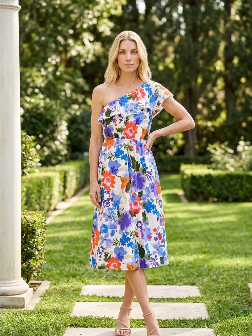 Sugarlips One-Shoulder Floral Midi Dress in White, Blue, Purple & Orange